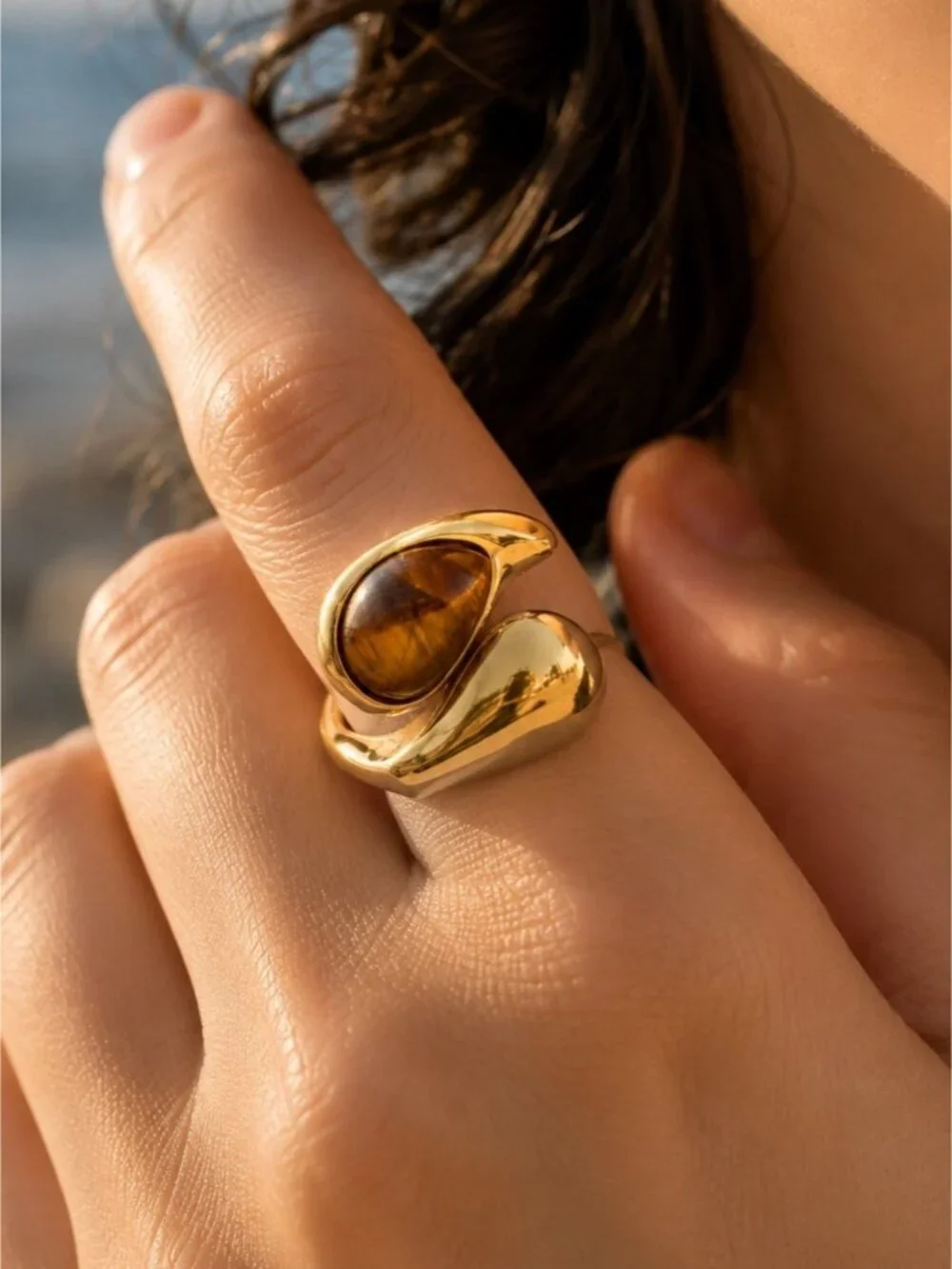 Gold plated Open Ring with Brown Teardrop Pearl